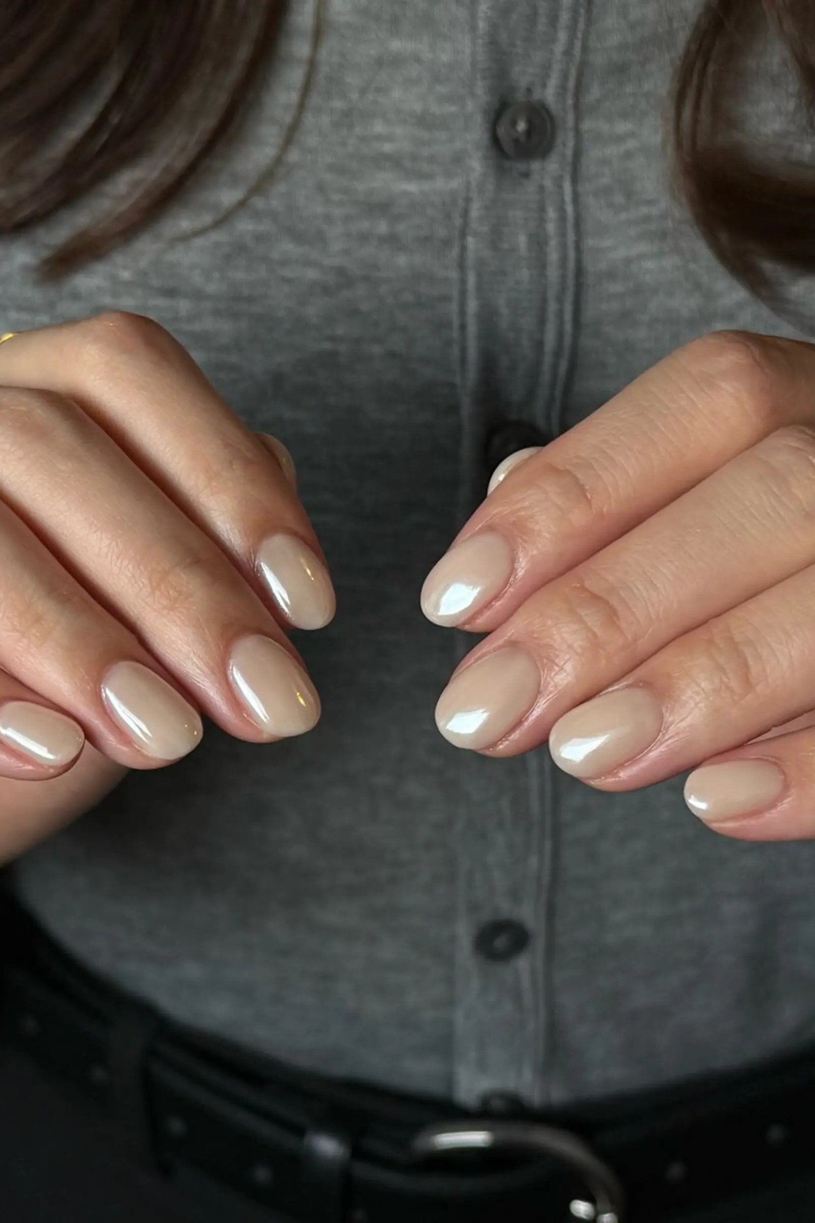 Two-Hand Warm Beige with a Cozy Cardigan - short nude nail idea for women over 50
