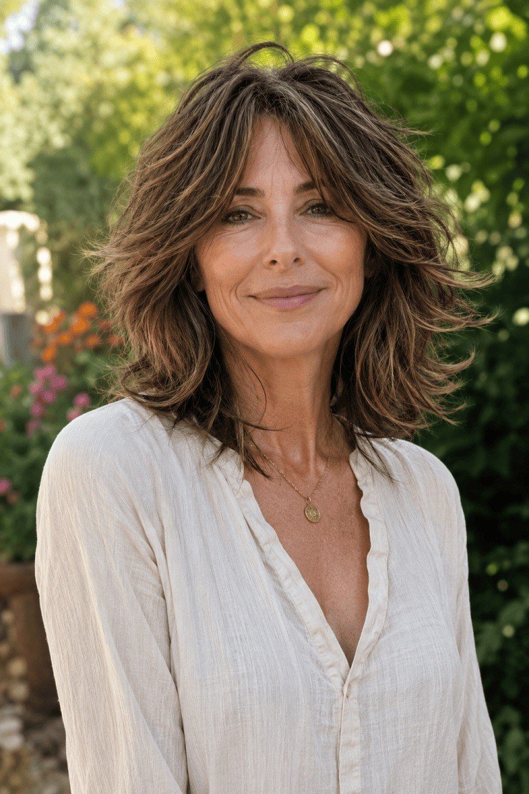 Textured Brunette Wavy Shag - medium shag haircut for women over 40