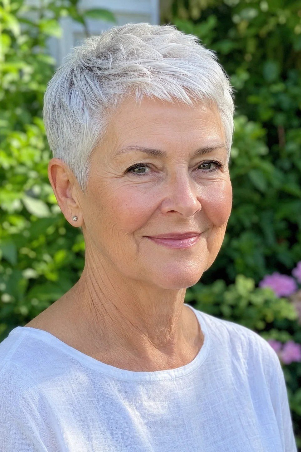 Classic silver wispy pixie haircut with soft layers for older women