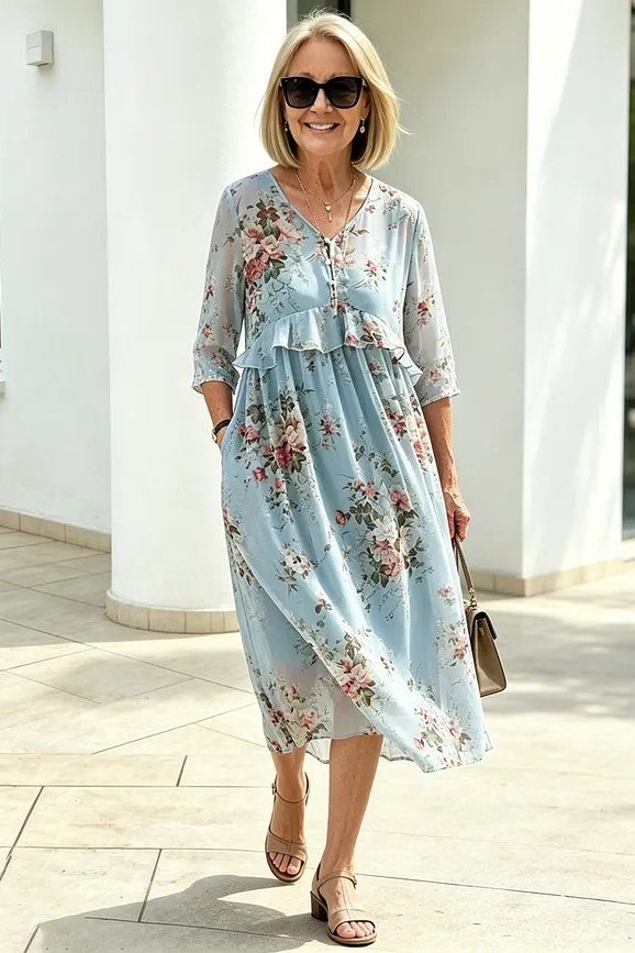 Breezy summer dress for women over 60: purple chiffon floral midi