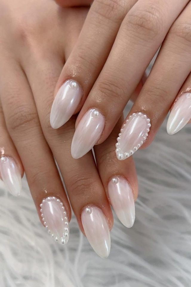 White Pearl Almond Nails with Pearl Dots - pearl finish nail idea for women over 60