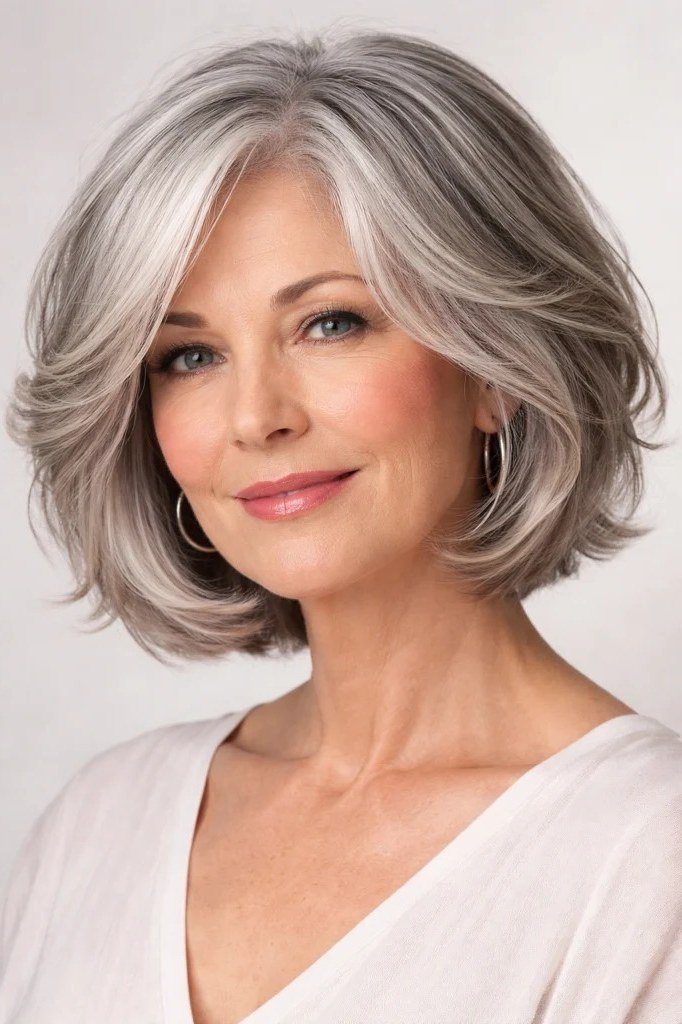 Silver Layered Bob With Soft Face Framing for women over 60