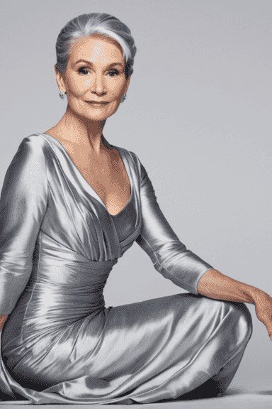 silver satin v-neck gown with three-quarter sleeves