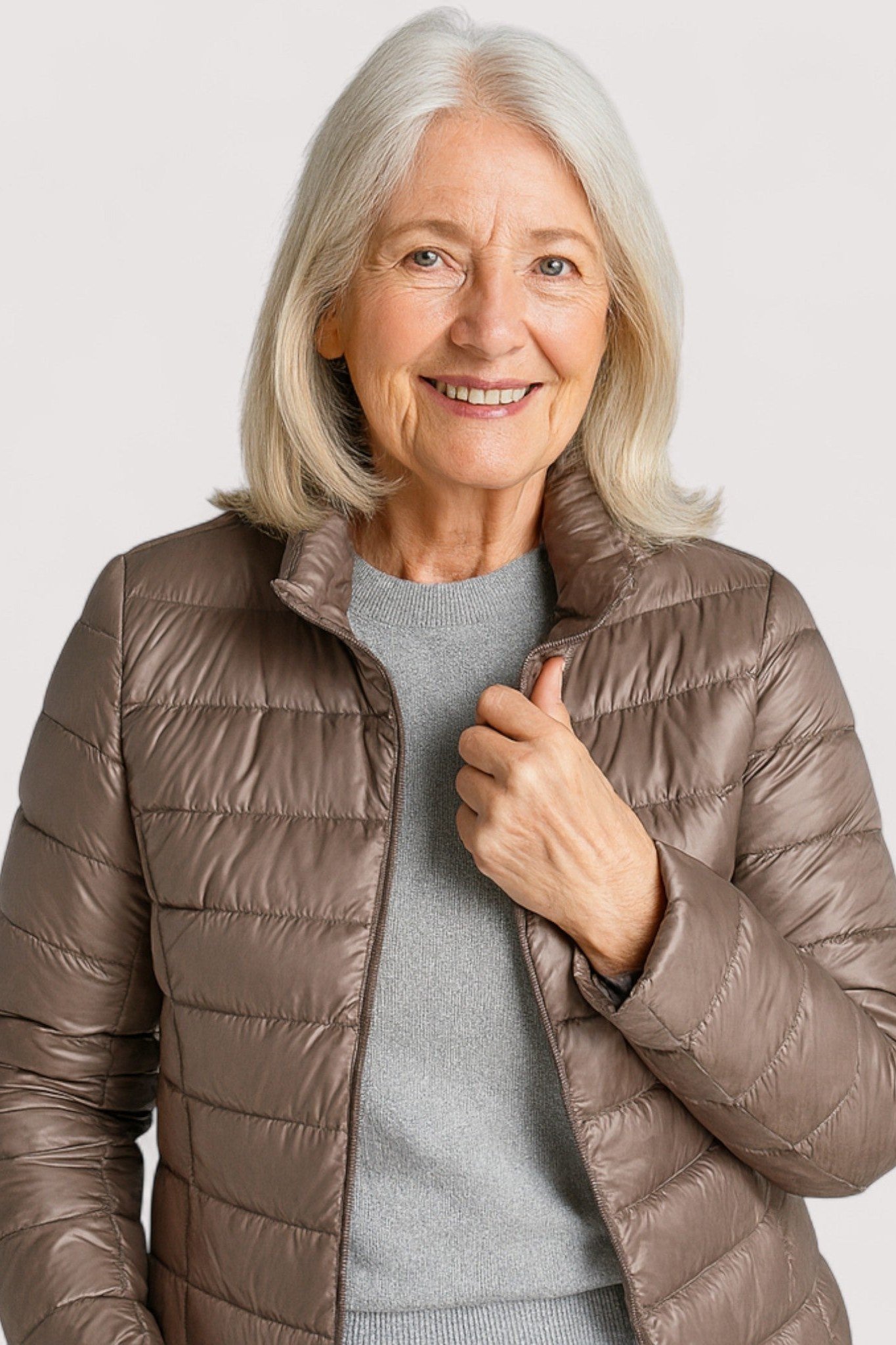 Taupe quilted puffer outfit for women over 60