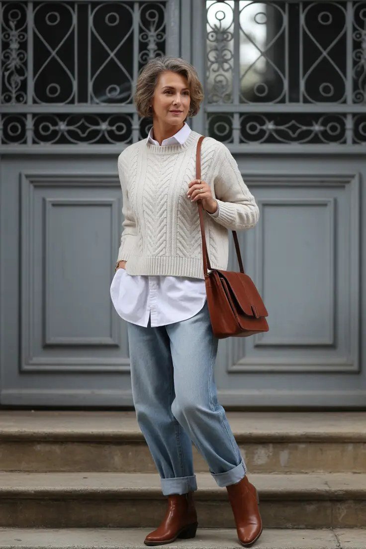 White cable sweater with light-wash jeans and brown ankle boots, fall outfit for women over 50