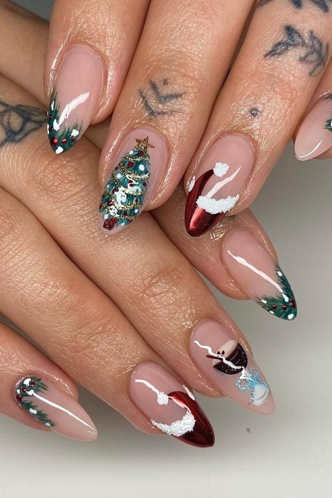 Nude Nails with Green Glitter and Tree Art, fun winter nail idea for women over 60