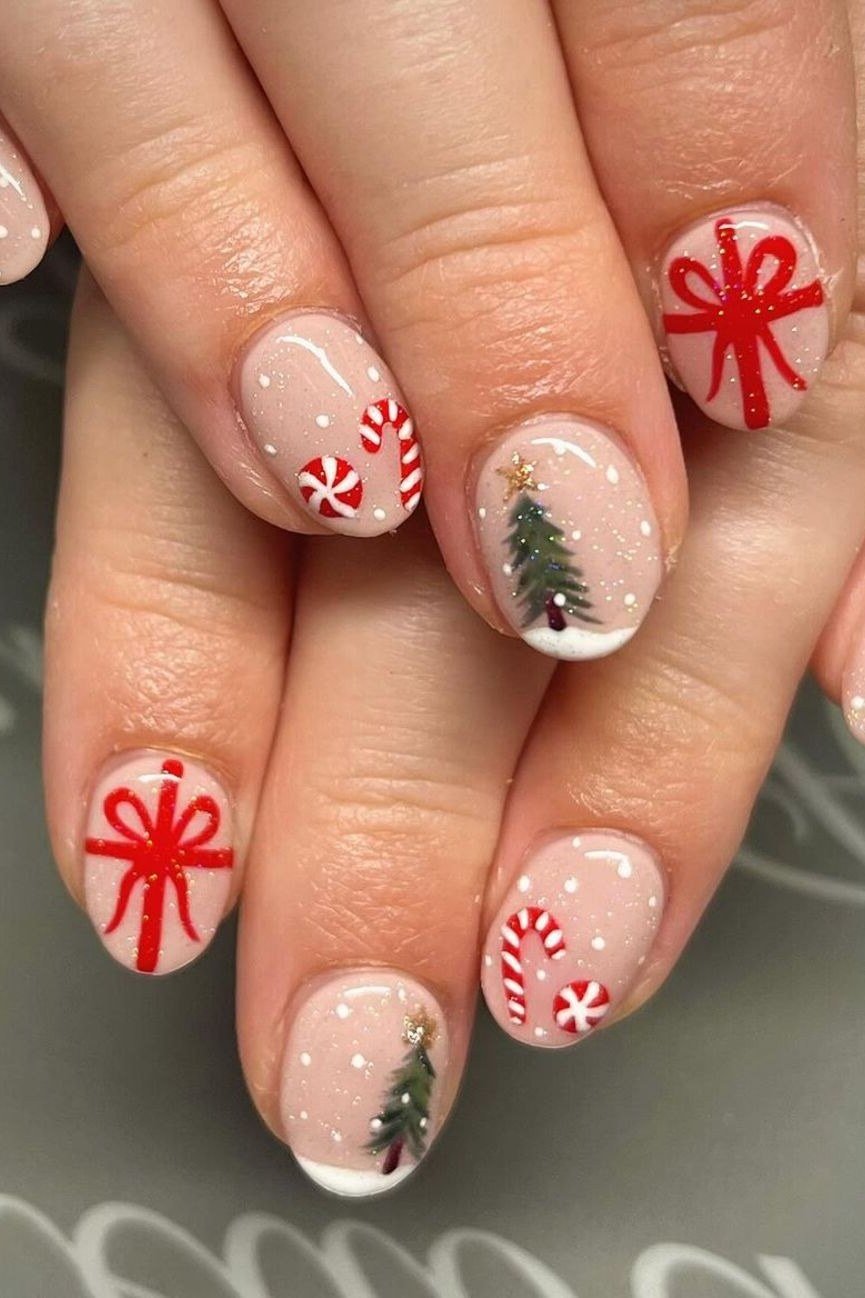 Red bows, candy canes and Christmas trees on nude nails - classy Christmas nail idea for women over 70