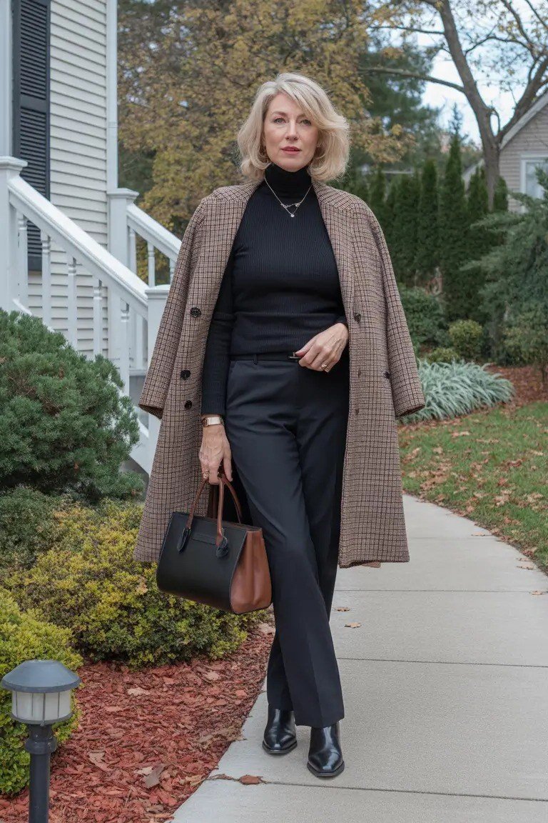 Camel-brown midi coat with a black top and trousers with black ankle boots for women over 50 at work