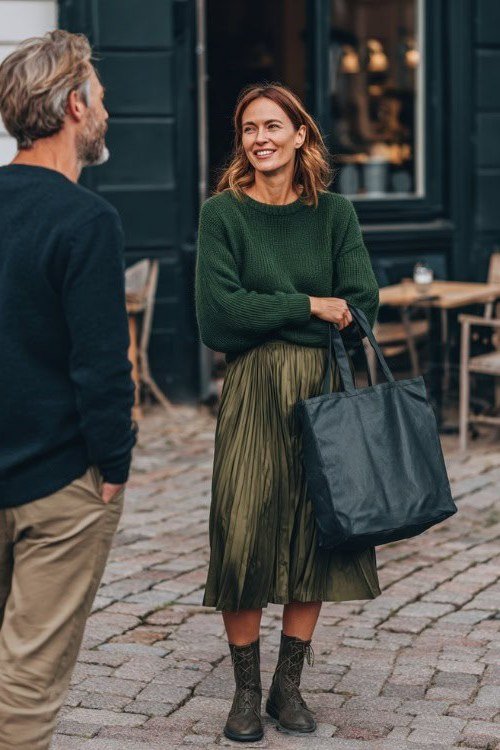 Forest Green Sweater with Olive Pleated Skirt - fall outfit for women over 40