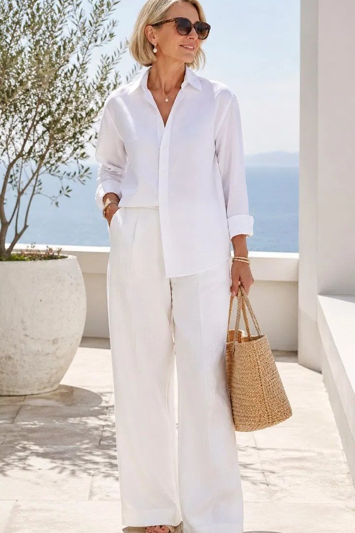 white tunic white wide leg trousers women over 50
