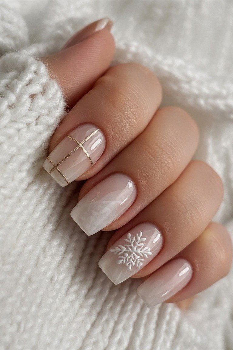 soft nude with white snowflake accent, white knit sweater