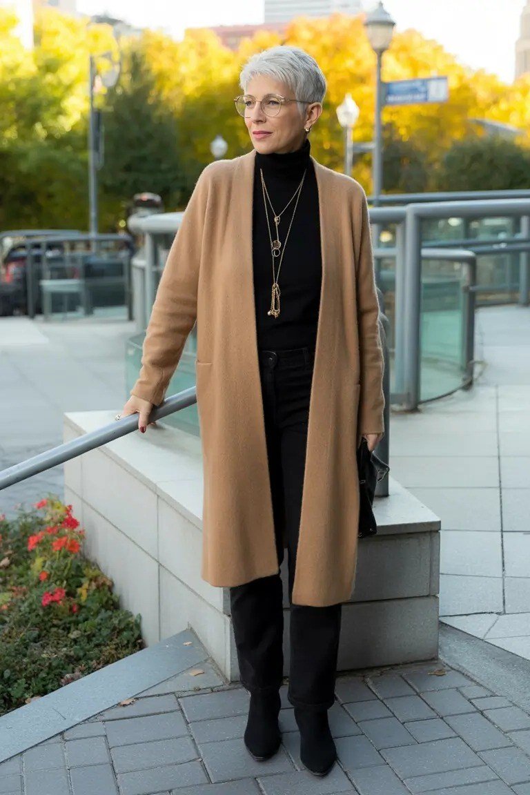 Effortlessly chic fall outfit for women over 60: camel long coat over black turtleneck