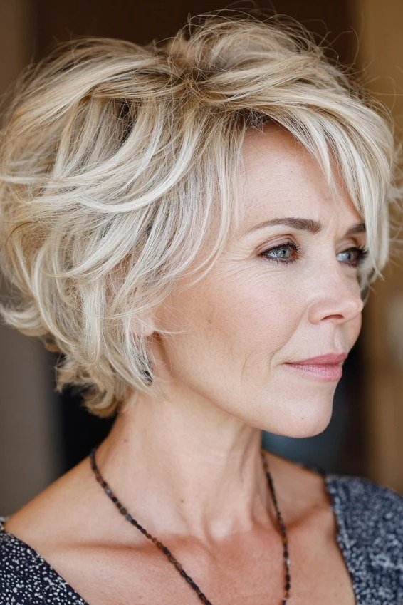 1. Tousled Blonde Shag Pixie - wash and wear hairstyle for older women