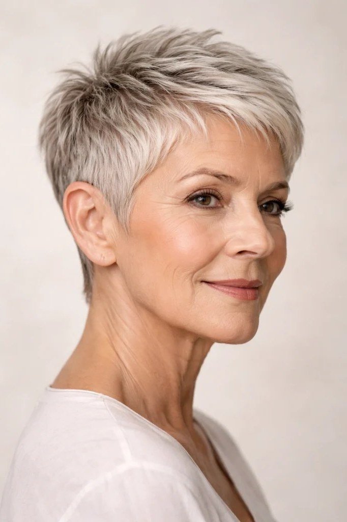 Short silver tapered pixie, three-quarter view, soft side sweep, micro pixie cut for women over 60 going silver