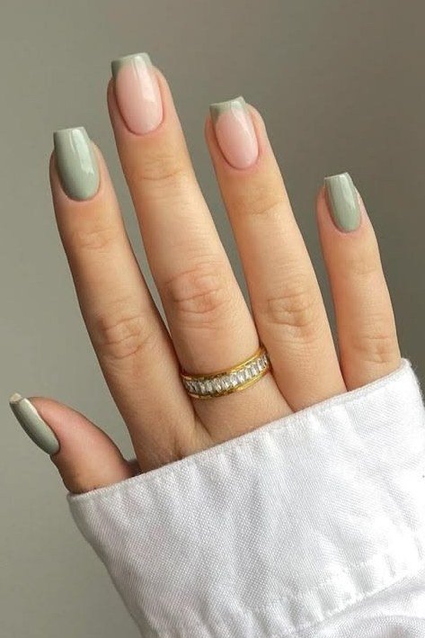 Sage Green and Nude French Almond Nails, fall nail color idea for women over 50