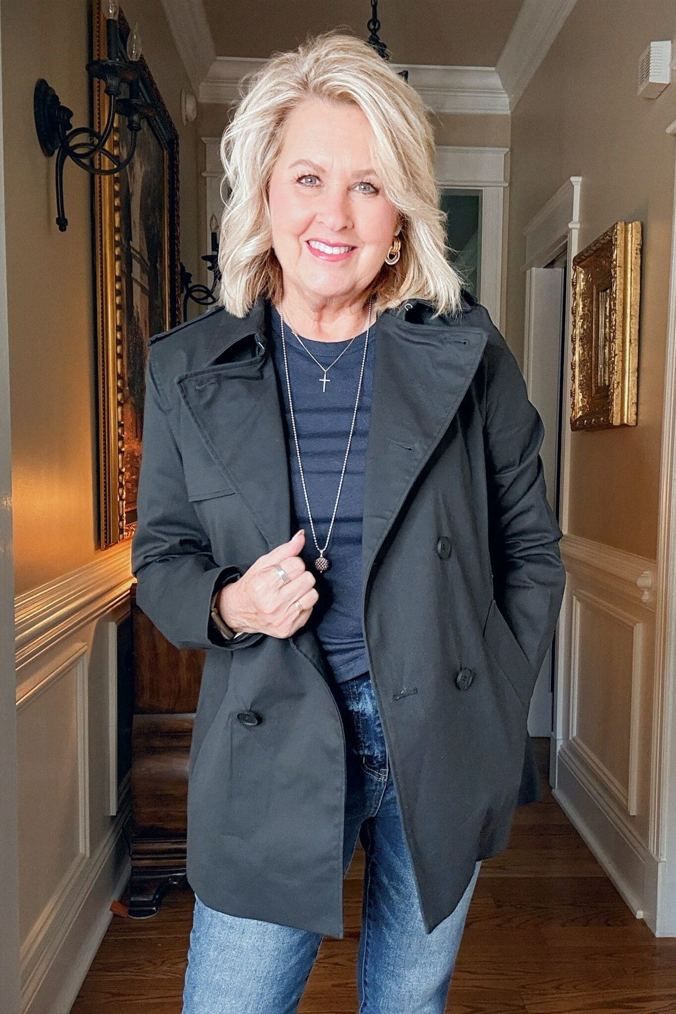 Black Belted Coat and Cross Necklace - fall outfit idea for women over 50