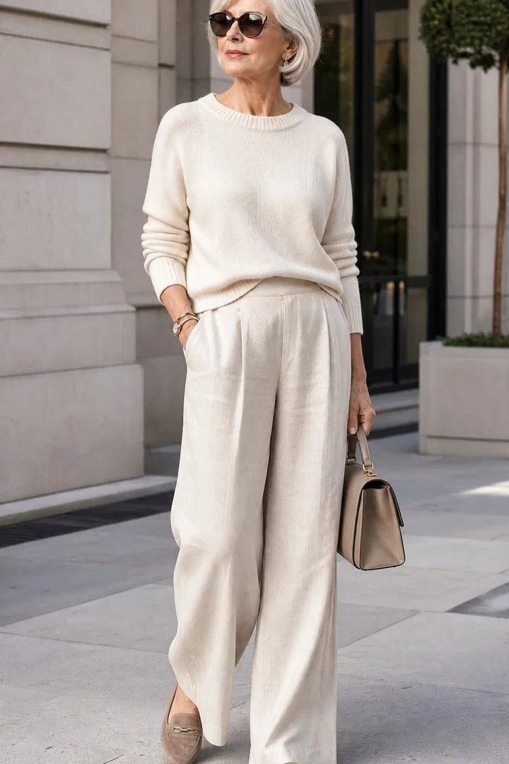 Cream knit crew sweater with matching cream wide-leg trousers outdoors, cozy sweater outfit idea for women over 70