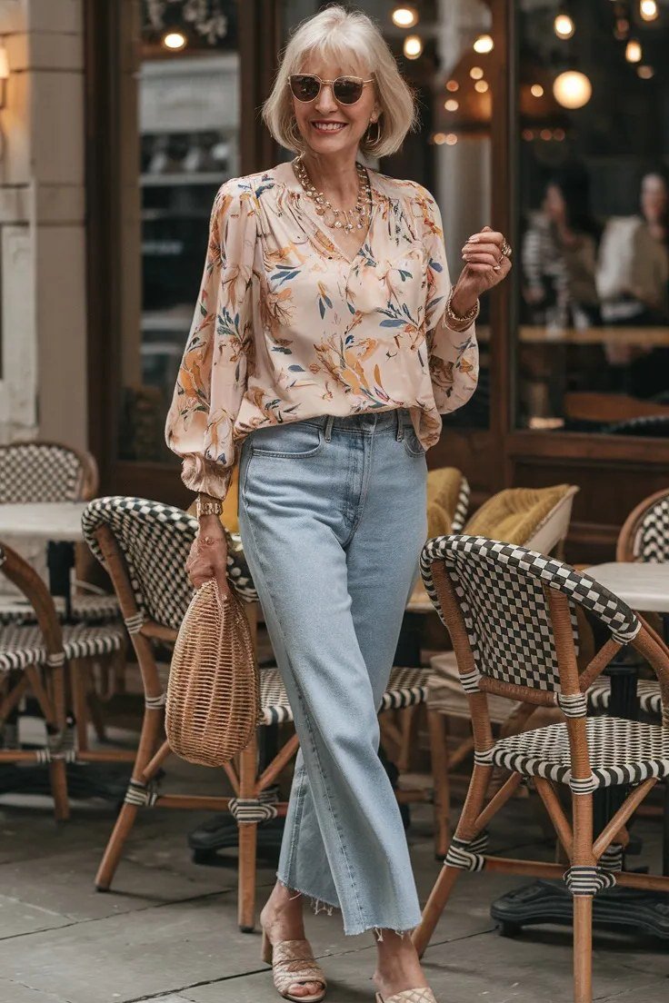 Woman over 50 wearing Soft floral blouse with light-wash jeans at an outdoor cafe, straw bag in hand.