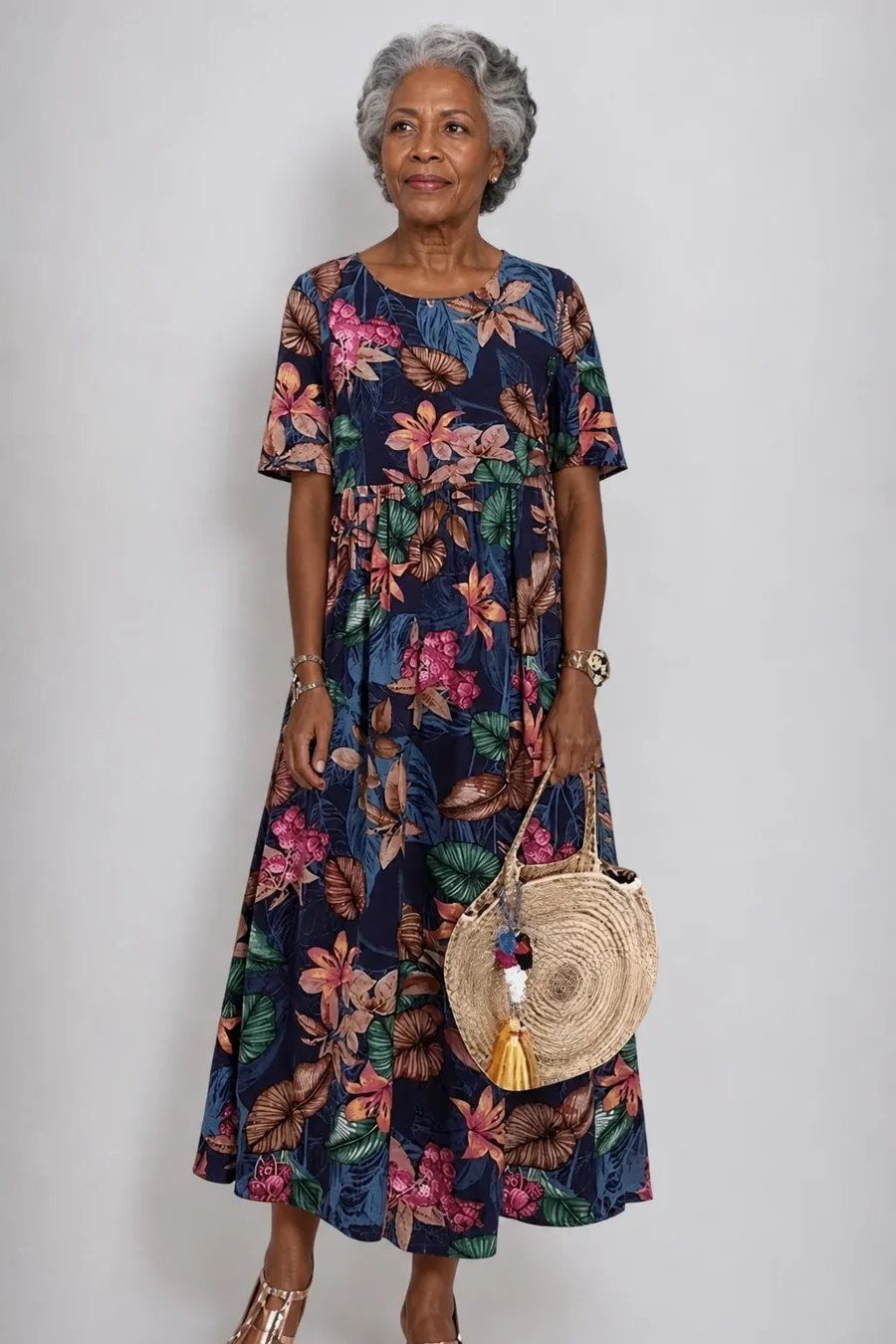 Navy Floral Maxi with Bold Blooms summer outfit idea for women over 60