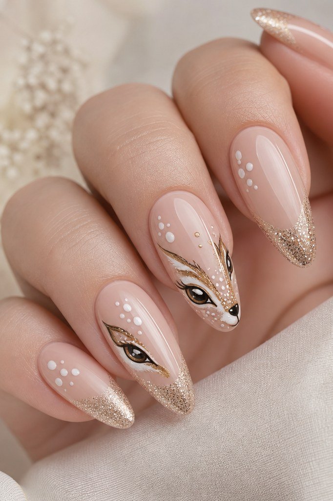 Nude almond nails with gold glitter tips and deer portrait fawn print nails