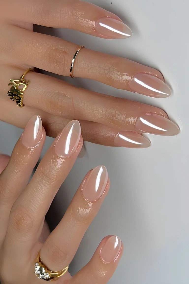 Soft Nude Almond Nails - flattering nail polish shade that hides veins for women over 50