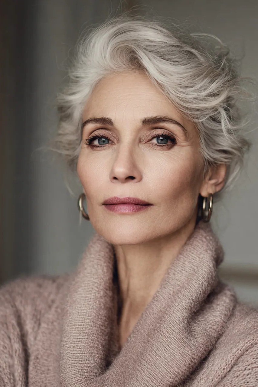 Silver textured pixie, 3/4 front view, sharp, classic hairstyle for women over 70