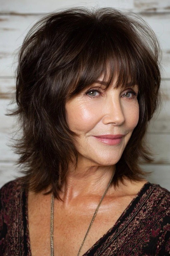 Dark brown shaggy layered bob with full fringe, front view, layered bob haircut for women over 50