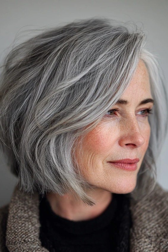 Layered Silver Bob with Side-Swept Fringe - grey shoulder length hairstyle for women over 60