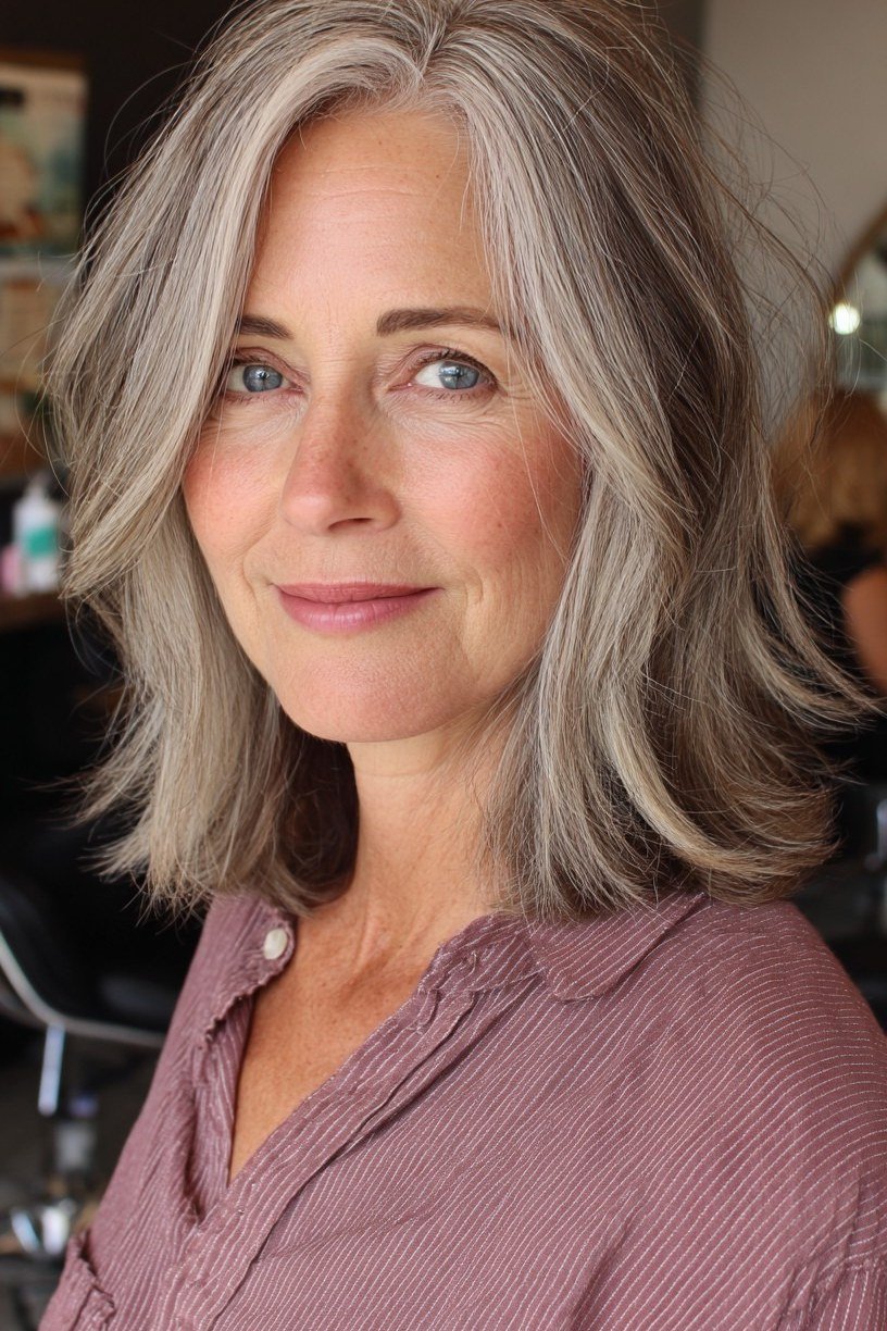 blonde long straight hairstyle, three-quarter view, soft layers for women over 50