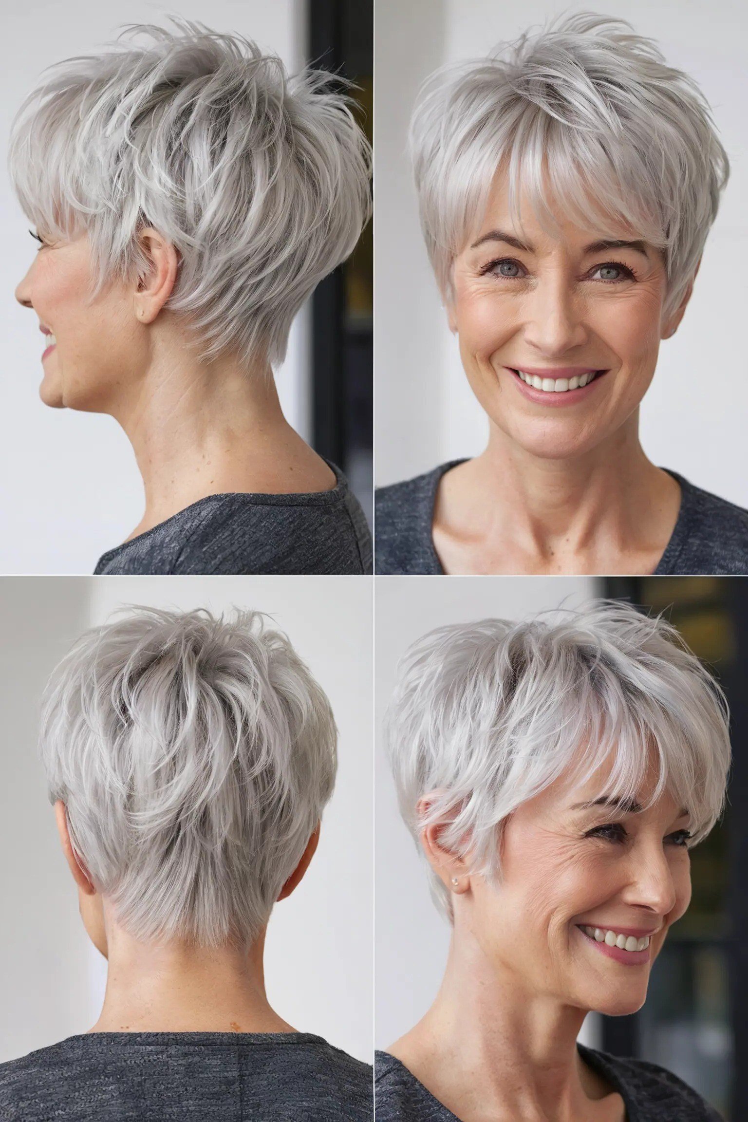 Multi-view collage, silver layered pixie on woman 60+, front side and back views for women over 60