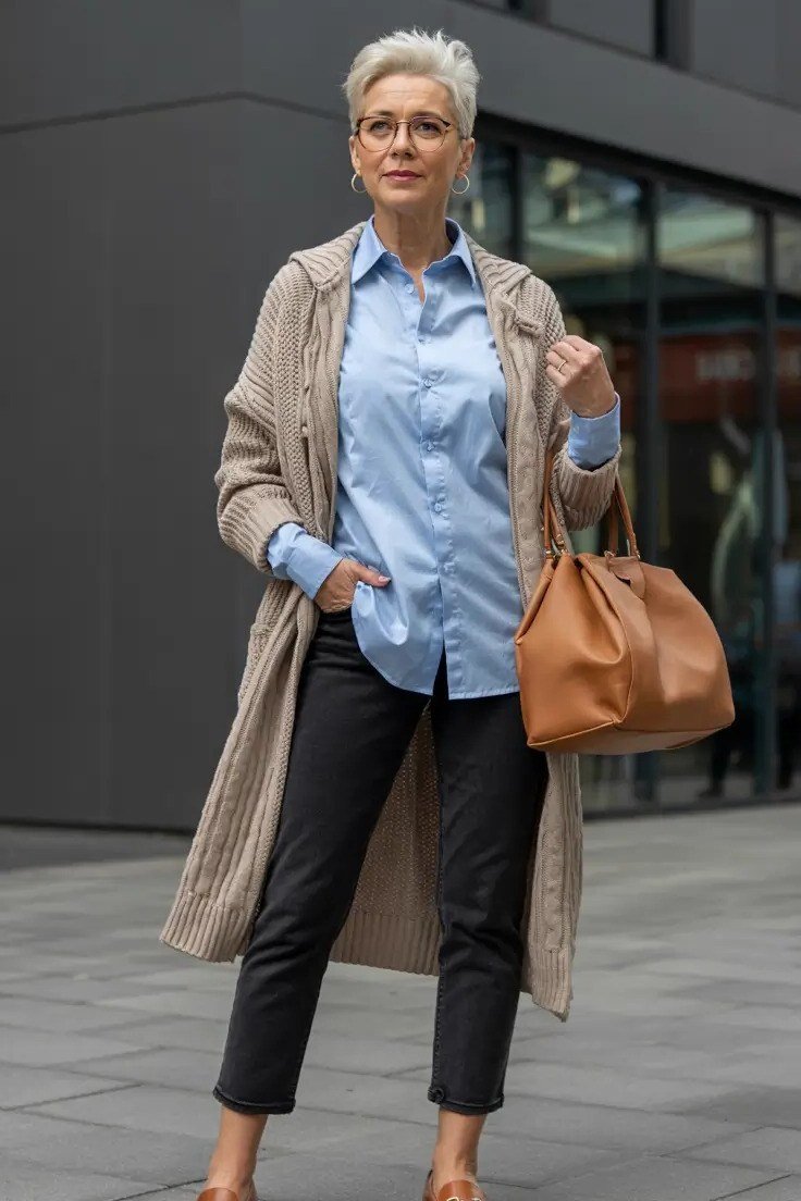 camel coat light blue shirt black pants fall outfit over 50