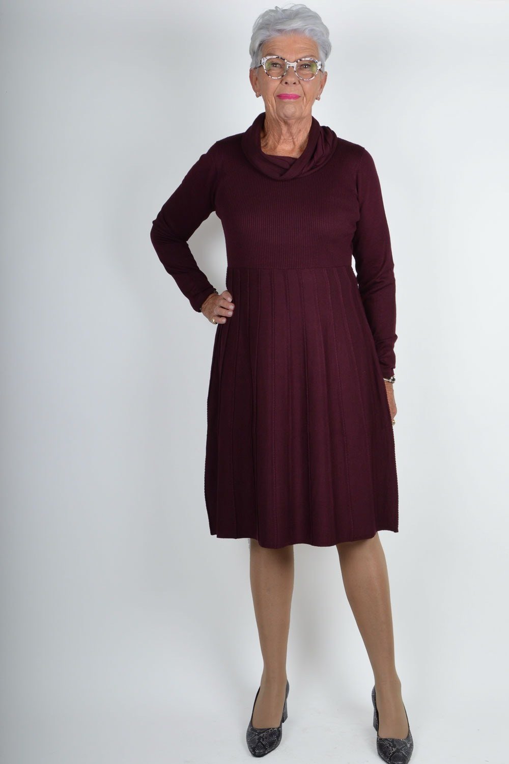 burgundy cowl-neck knit midi dress for women over 60