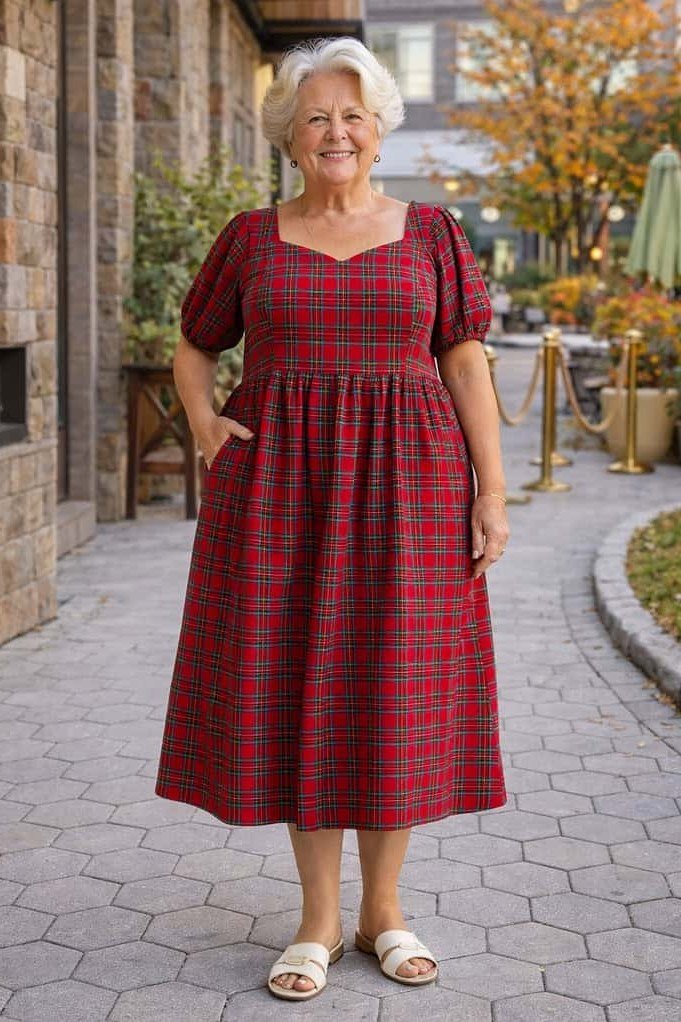 Red plaid midi dress fall outfit idea for women over 60