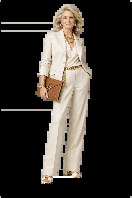 ivory pantsuit with cognac clutch for women over 50