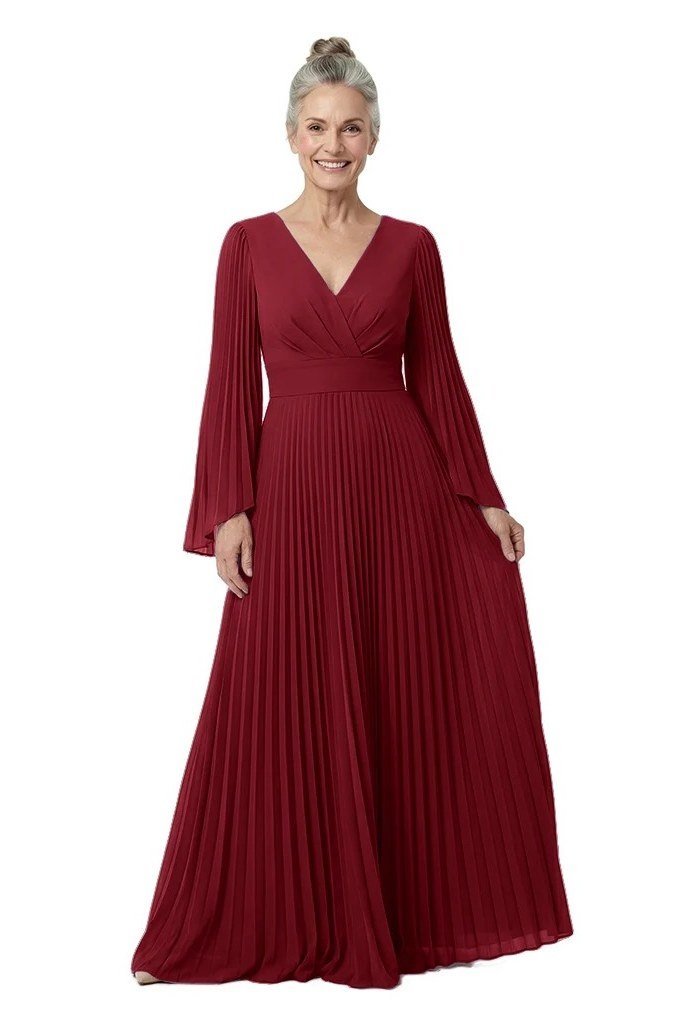 Pleated wine-red maxi dress with V-neck for women over 50, fall date night outfit