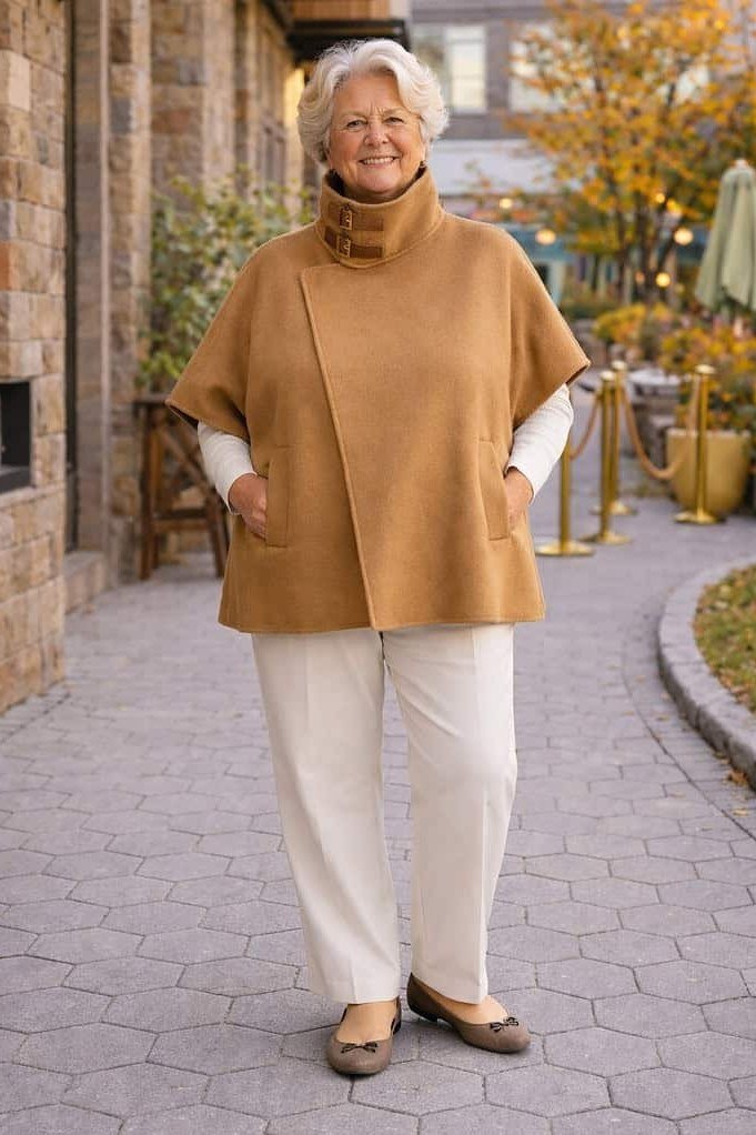 Casual fall outfit for women over 60: camel poncho over cream top, cream wide trousers, brown loafers, outdoor stone buildings