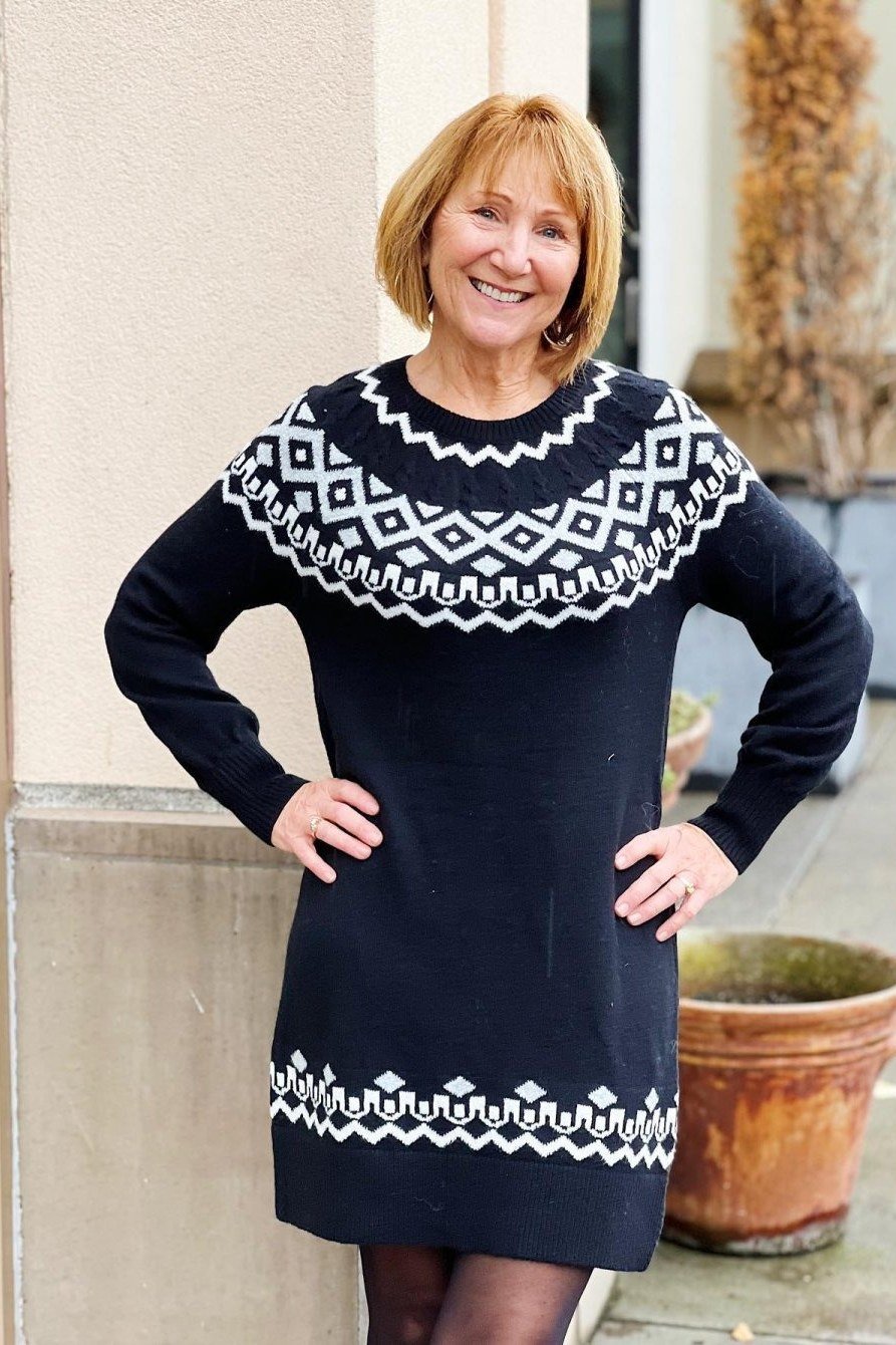 navy fair isle knit midi for women over 60
