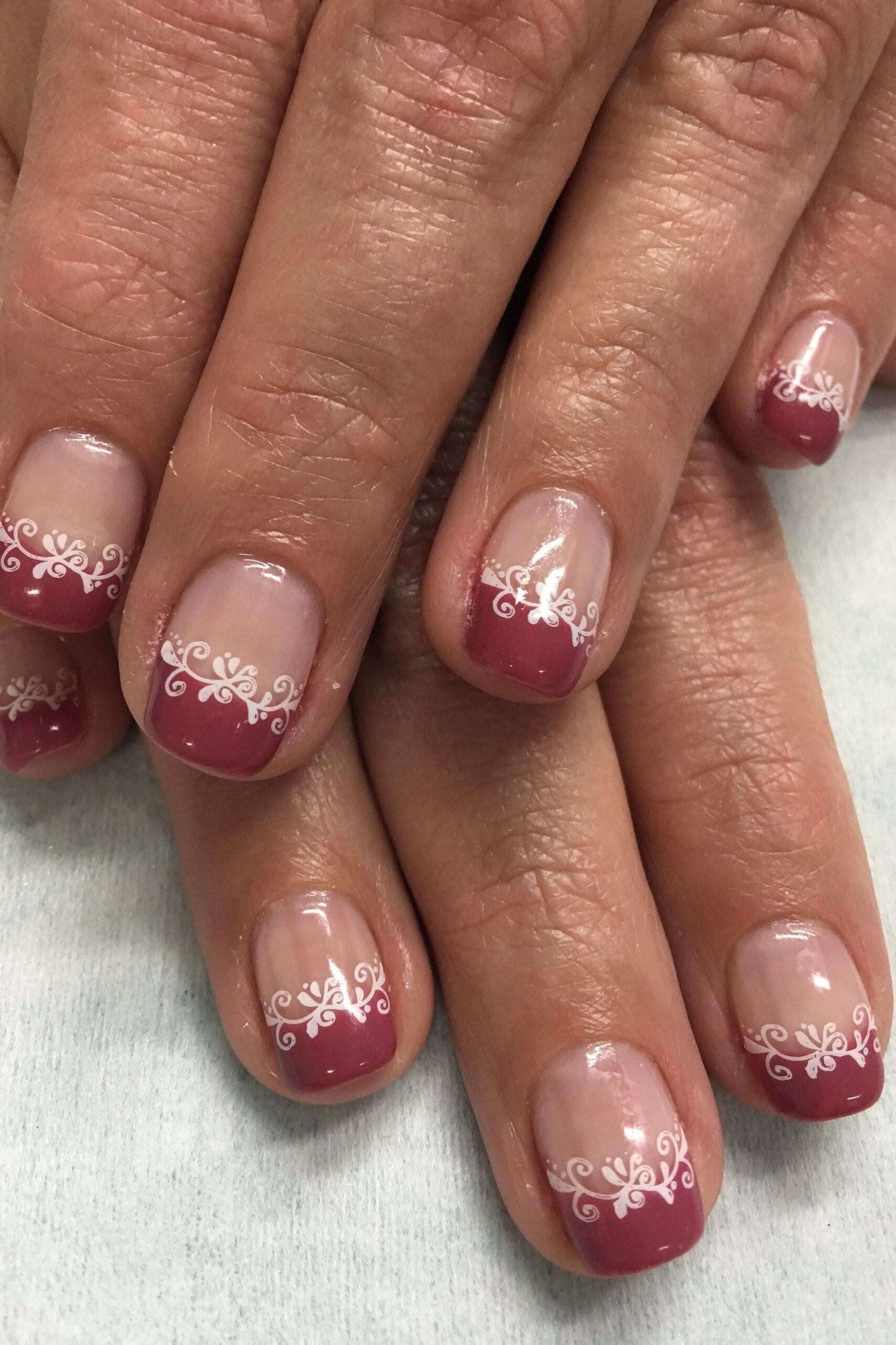 Burgundy Lace Tip Nails for women over 60