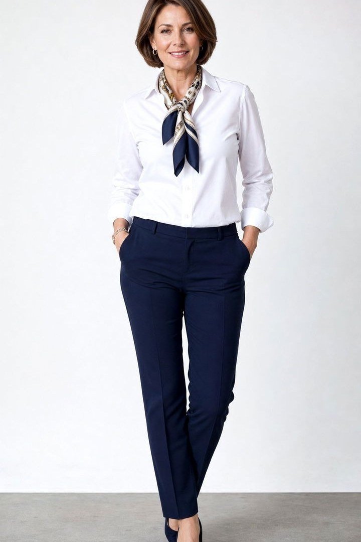 White shirt navy trousers silk scarf, studio portrait - business casual work outfit for women over 50