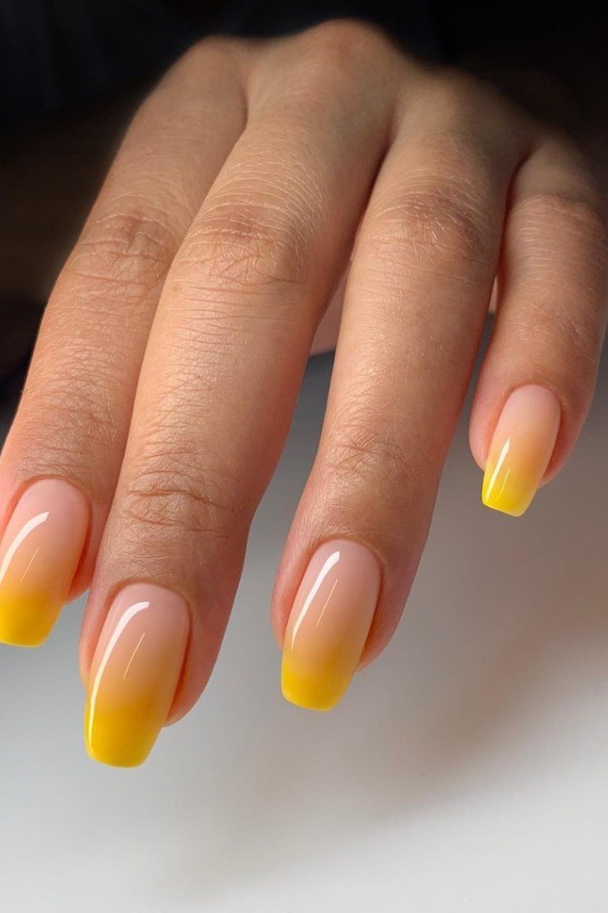Sunny yellow to nude ombre, long square nails, fall nail design for older women