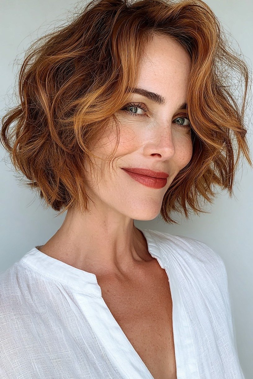 Copper Curly Bob with Bouncy Texture, chic bob haircut for women over 50