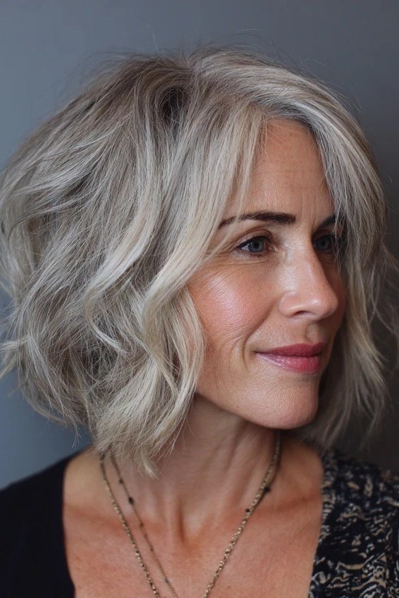 Choppy bob hairstyle for women over 60: grey wavy choppy bob 3/4 smile