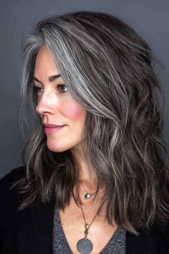 Long layered gray hair with soft polished waves for women over 40