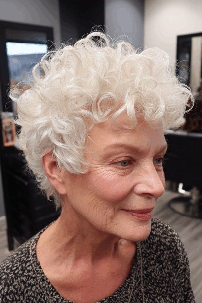 Snow-white curly pixie haircut for women over 50