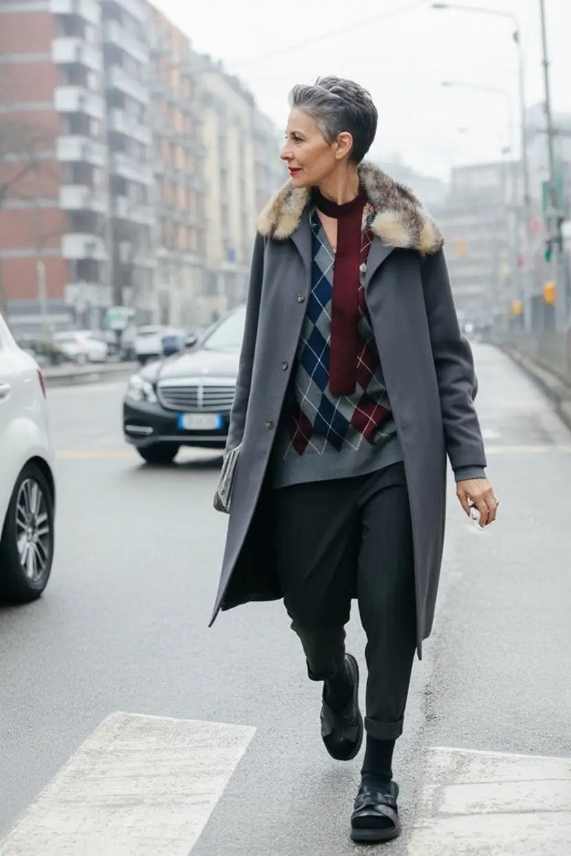 Stylish winter outfit for women over 60: long gray coat with burgundy scarf and black wide pants