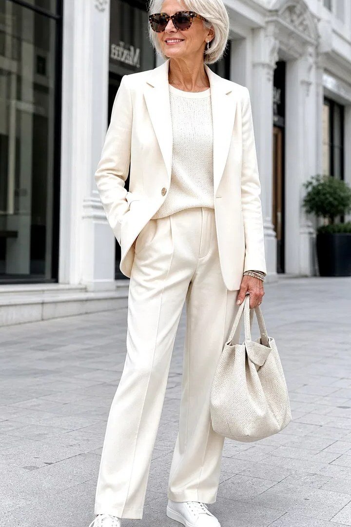 Crisp White Suit outfit for women over 70, chic style idea 3