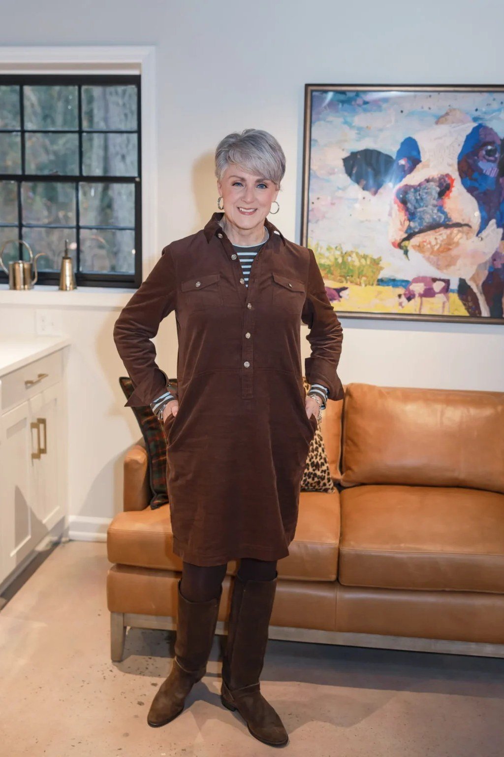 Chocolate brown corduroy shirt dress with black tights