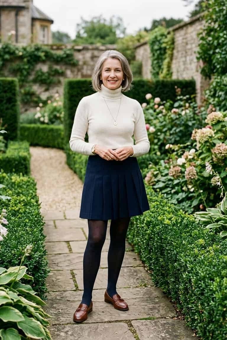 White turtleneck with navy pleated skirt and tights