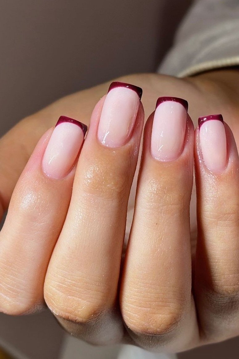 Nude gel nails with dark red French tips, short square fall French manicure