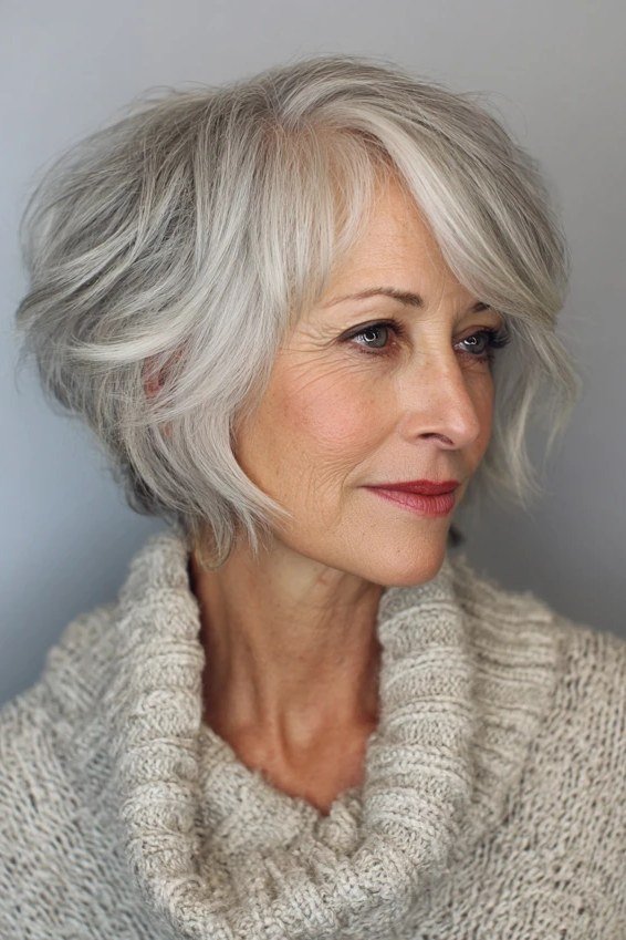 Piecey textured silver shag bob for women over 60, side view